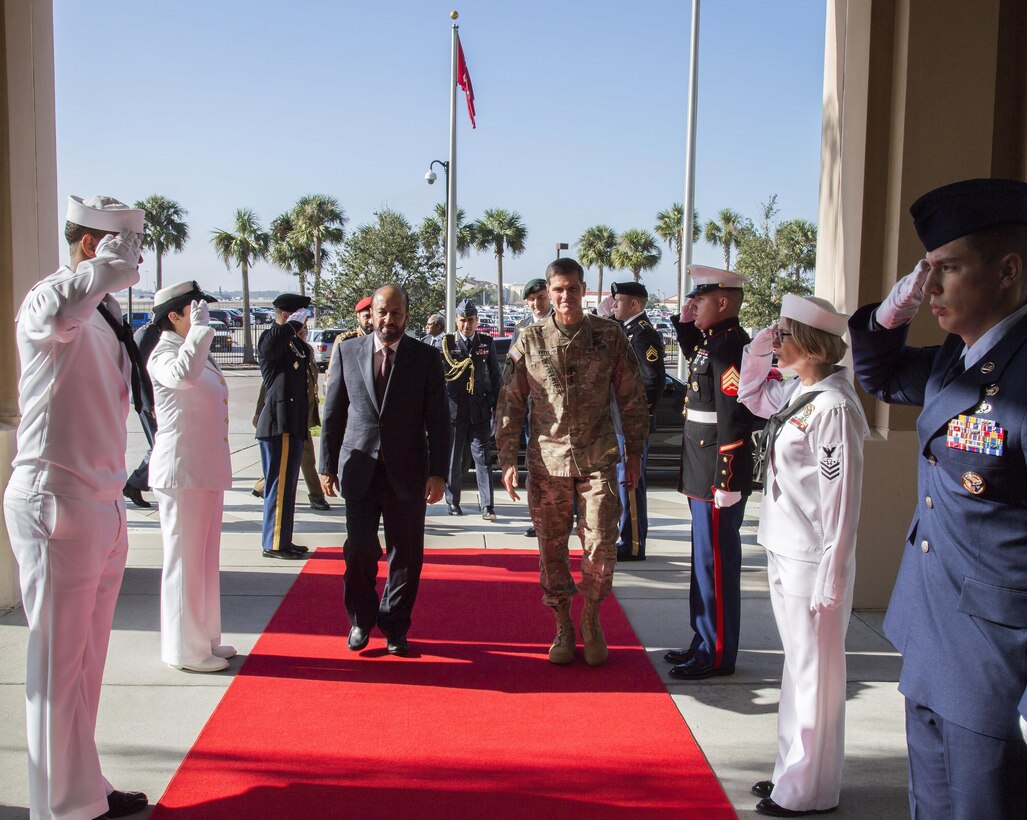 MacDill AFB, Fla. - Army Gen. Joseph Votel, commander, U.S. Central Command, welcomes, Badr Bin Saud Harib Al-Busaidi, the Minister Responsible for Defense Affairs, Oman, to U.S. Central Command headquarters, November 30, 2017. Oman is a key partner in the coalition effort to defeat ISIS. (Photo by Tom Gagnier)