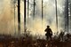 A Shaw Wildland Support Module team member speaks into a radio while monitoring a prescribed fire at Poinsett Electronic Combat Range near Wedgefield, South Carolina, Nov. 29, 2017.