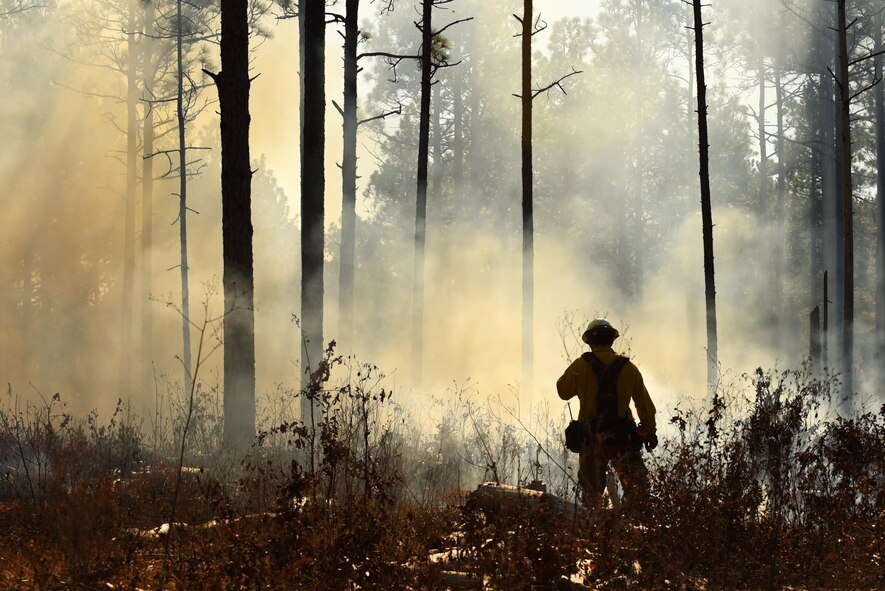 A Shaw Wildland Support Module team member speaks into a radio while monitoring a prescribed fire at Poinsett Electronic Combat Range near Wedgefield, South Carolina, Nov. 29, 2017.