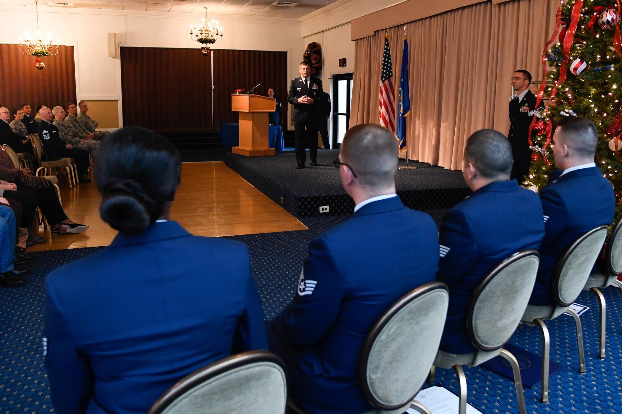 Lt. Col. Marty W. Easter, 66th Air Base Group deputy commander, speaks to enlisted Airmen during their monthly promotion ceremony at the Minuteman Commons, Nov. 30. The monthly enlisted promotion ceremony, typically held the last duty day of the month, gives the Hanscom community a chance to recognize Airmen who earned promotion. (U.S. Air Force photo by Mark Herlihy)