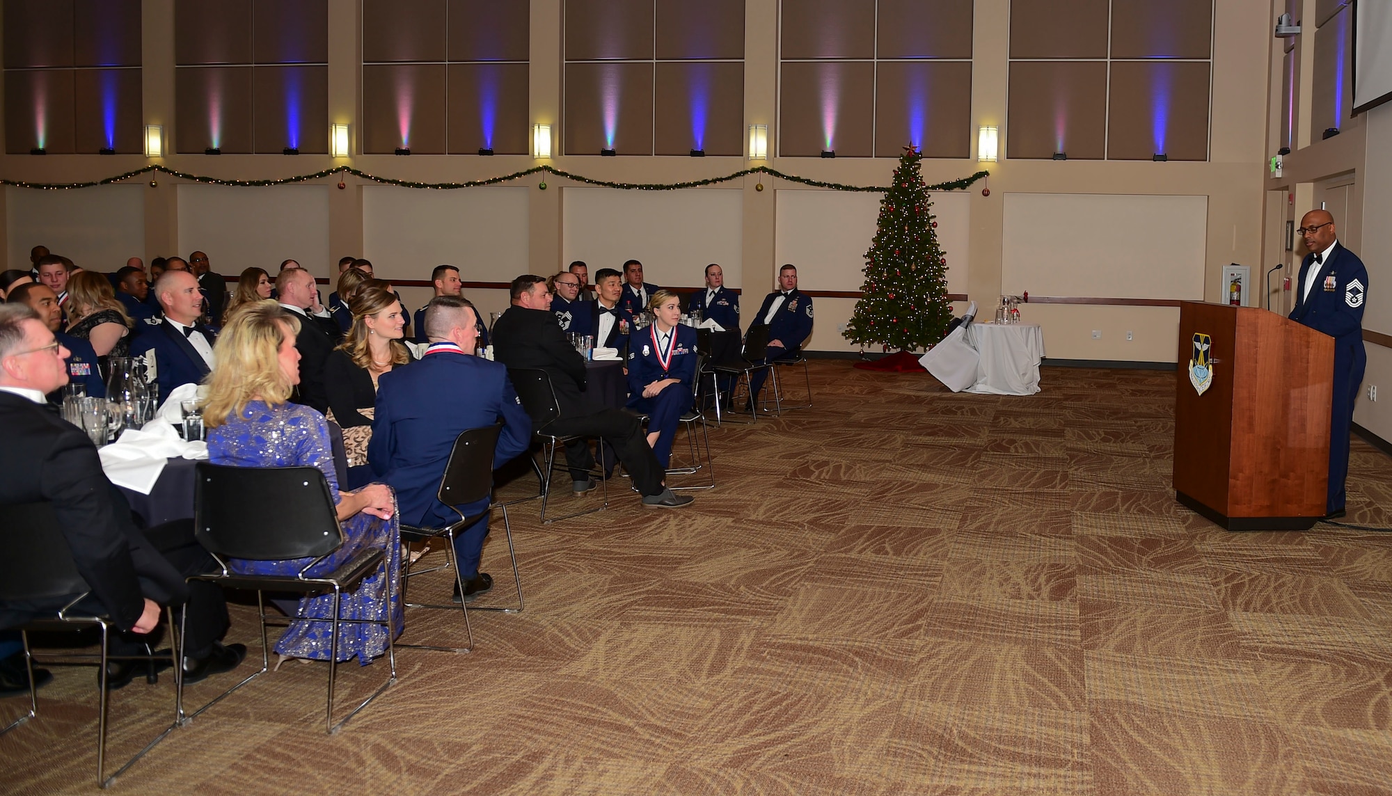 Chief Master Sgt. Rodney Bryant, 2nd Space Warning Squadron superintendent, delivers a speech during the Airmen Leadership School Class 18-A graduation Nov. 29, 2017, on Buckley Air Force Base, Colorado.