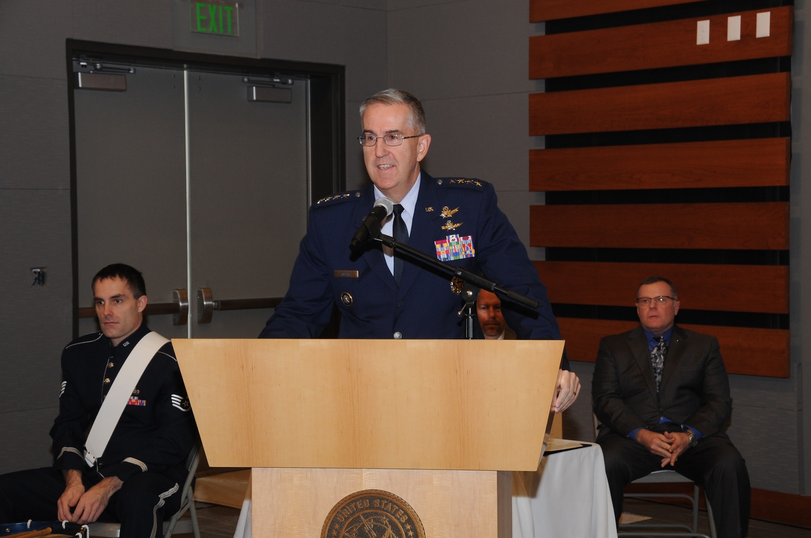 U.S. Air Force Gen. John Hyten, commander of U.S. Strategic Command (USSTRATCOM) provides remarks during a retirement ceremony in honor of Kenneth Callicutt, USSTRATCOM director of capability and resource integration, at Offutt Air Force Base, Neb., Dec. 1, 2017. Callicutt retired after more than 39 years of service as an Air Force officer and member of the Senior Executive Service During his 12 years with USSTRATCOM, Callicutt led the team responsible for conducting force management and analysis to include integrating, and advocating future concepts, weapons system development, support for emerging technologies, and command and control architecture. One of nine Department of Defense unified combatant commands, USSTRATCOM has global responsibilities assigned through the Unified Command Plan that include strategic deterrence, nuclear operations, space operations, joint electromagnetic spectrum operations, global strike, missile defense, and analysis and targeting.