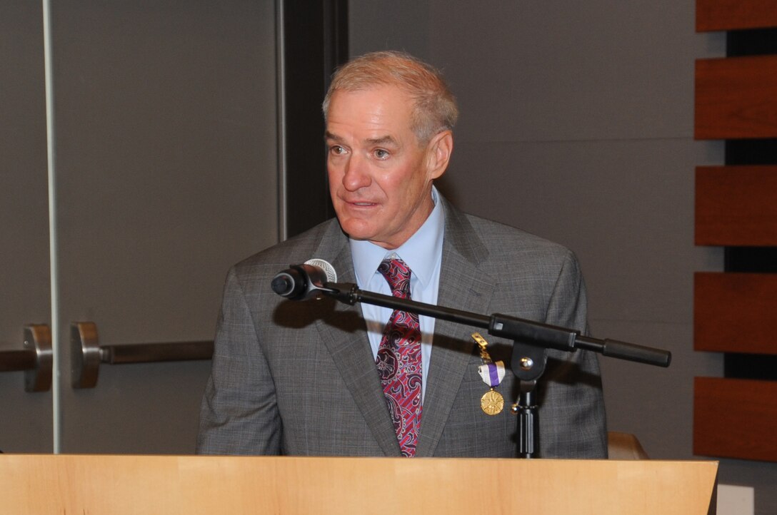 Kenneth Callicutt, USSTRATCOM director of capability and resource integration, provides remarks during his retirement ceremony at Offutt Air Force Base, Neb., Dec. 1, 2017. Callicutt retired after more than 39 years of service as an Air Force officer and member of the Senior Executive Service. During his 12 years with USSTRATCOM, Callicutt led the team responsible for conducting force management and analysis to include integrating, and advocating future concepts, weapons system development, support for emerging technologies, and command and control architecture. One of nine Department of Defense unified combatant commands, USSTRATCOM has global responsibilities assigned through the Unified Command Plan that include strategic deterrence, nuclear operations, space operations, joint electromagnetic spectrum operations, global strike, missile defense, and analysis and targeting.