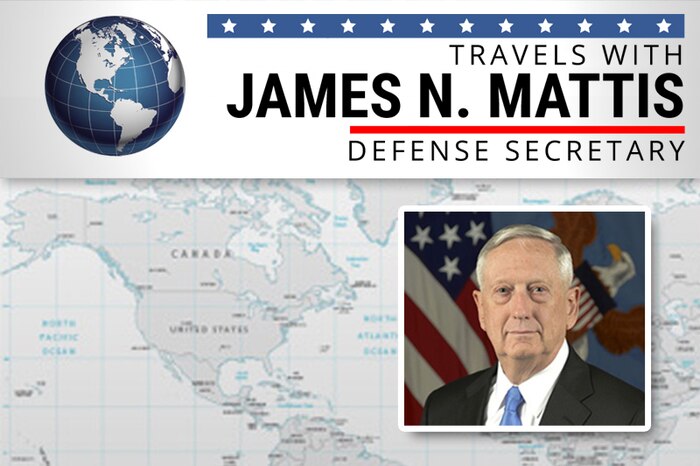 A graphic with a gray world map as the background features a headshot of Defense Secretary James N. Mattis.