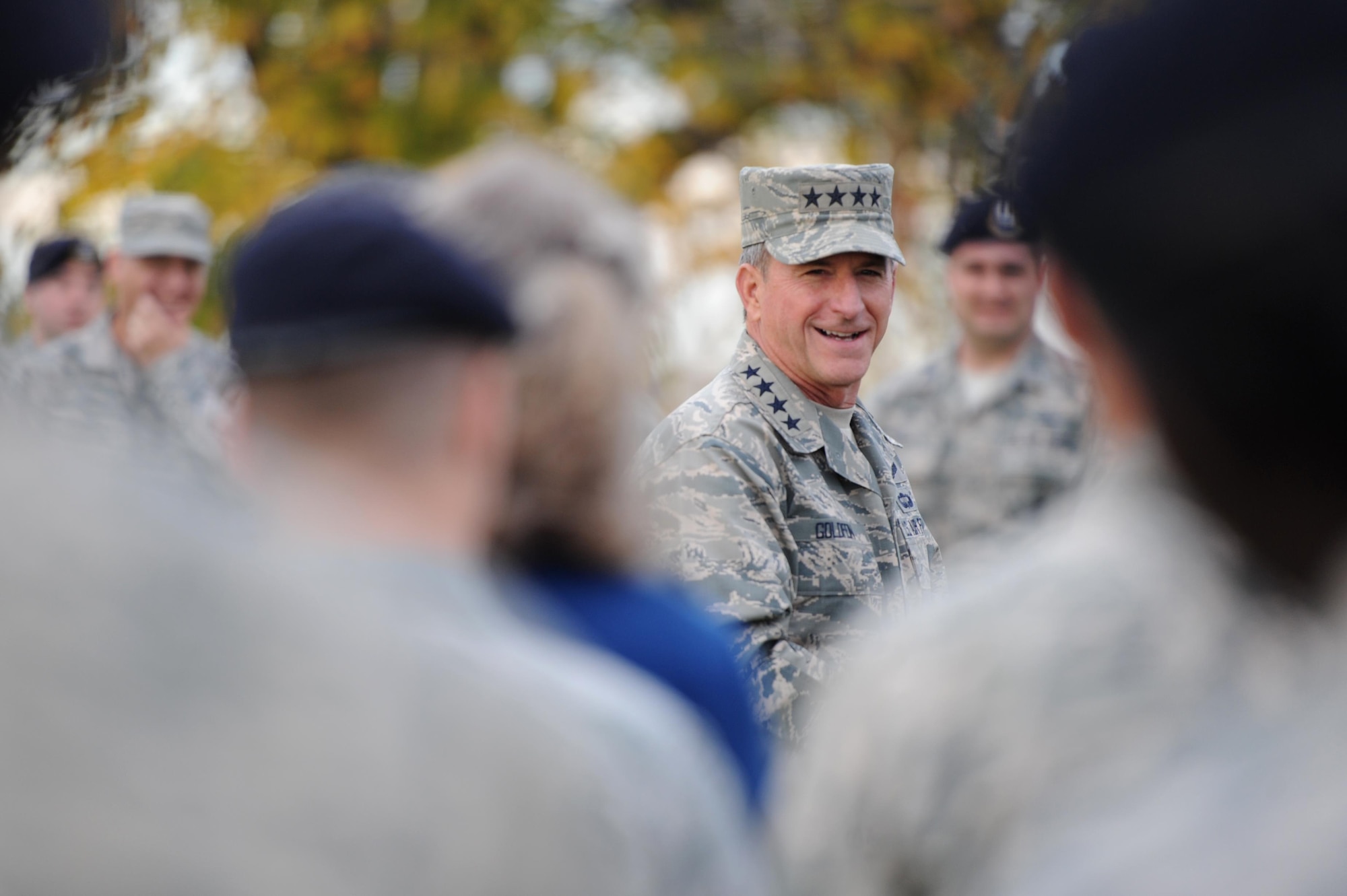 Chief of Staff of the Air Force, Gen. David L. Goldfein, speaks to members of the 9th Security Forces Squadron during a visit to Beale Air Force Base, California, Nov. 30, 2017. Goldfein’s visit included a display of the persistent strides made by the U-2 Dragon Lady and RQ-4 Global Hawk, the innovation of building Team Beale’s rising leaders, the elevated training of the 9th Security Forces Squadron, the Distributed Ground System flow of critical intelligence data to combatant commanders and an all call he hosted to deliver his priorities and goals for Airmen.(U.S. Air Force photo/ Senior Airman Ramon A. Adelan)