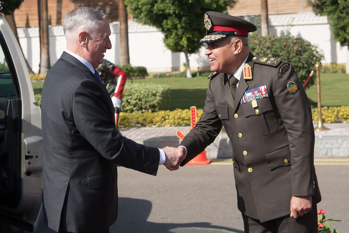 Defense Secretary James N. Mattis shakes hands with the Egyptian defense minister.