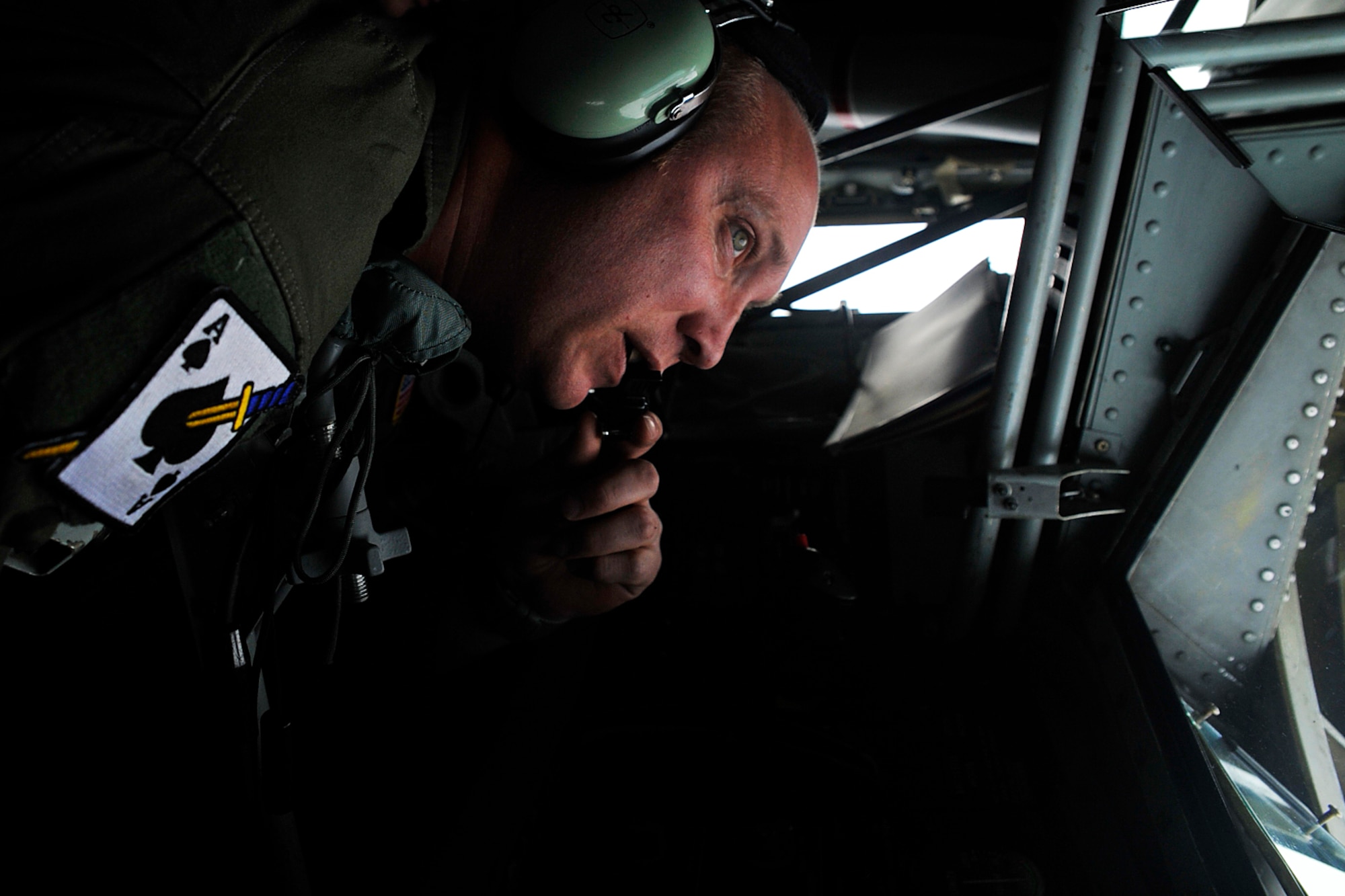 Tech. Sgt. Louis Winters, boom operator for the 116th Air Refueling Squadron, 141st Air Refueling Wing, performs air refueling operations over the Adriatic Sea with an F-16 Fighting Falcon from the 510th Fighter Squadron stationed at Aviano Air Base, Italy, Nov., 15, 2017. The Washington Air National Guard KC-135 unit routinely works with active duty flying units in both training and real world aerial refueling operations. (Washington Air National Guard photo by Tech. Sgt. Tim Chacon)