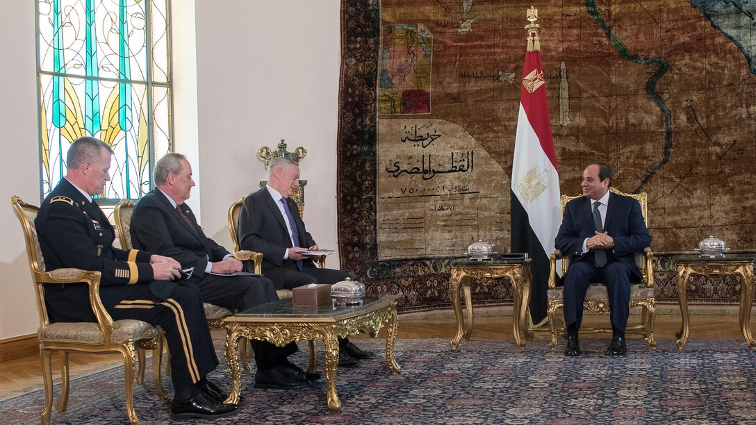 Defense Secretary James N. Mattis and two other men meet with Egypt's president.