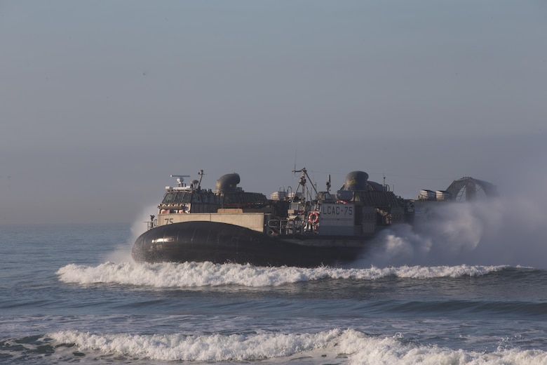 Landing Craft Air Cushion (LCAC) 75 sails towards shore during Dawn Blitz 2017 aboard Camp Pendleton, Calif. Oct 27, 2017. Dawn Blitz 2017 provides a robust training environment where forces plan and execute amphibious training.