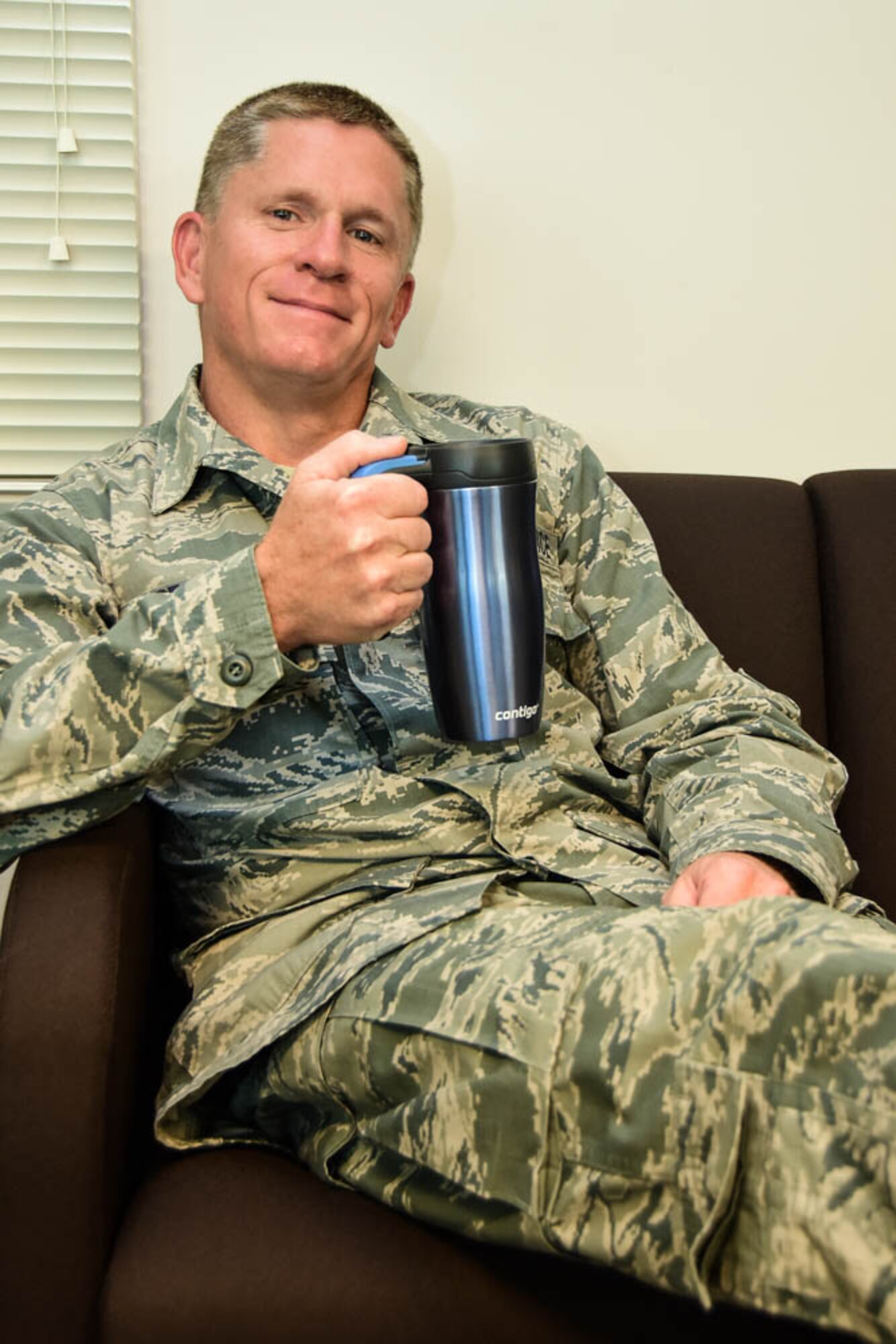 Master Sgt. Jeff Robichaud relaxes as he gives an interview about the first sergeant position at the 118 Wing Tennessee Air National Guard Base in Nashville, Tenn., Sep. 17, 2017.
