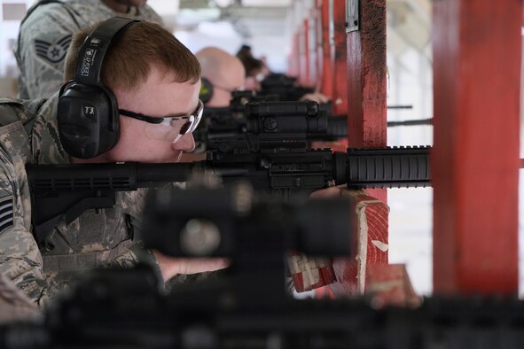 Citizen Airmen with the 931st Air Refueling Wing fire M-4 carbines during a combat arms training and maintenance course Dec. 2, 2017, at McConnell Air Force Base, Kan.
