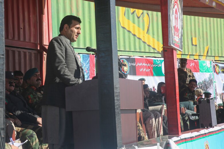 Sardar Mohammed Hamdard, the first deputy governor of Helmand province, addresses Afghan National Army soldiers with 6th Kandak, 1st Brigade, 215th Corps during a graduation ceremony at Camp Shorabak, Afghanistan, Dec. 3, 2017. Approximately 350 soldiers with the unit graduated from an operational readiness cycle, an eight-week training regimen designed to enhance the soldiers’ individual and collective infantry capabilities. The unit will use their newfound skills to support combat operations against the Taliban in the province. (U.S. Marine Corps photo by Sgt. Lucas Hopkins)