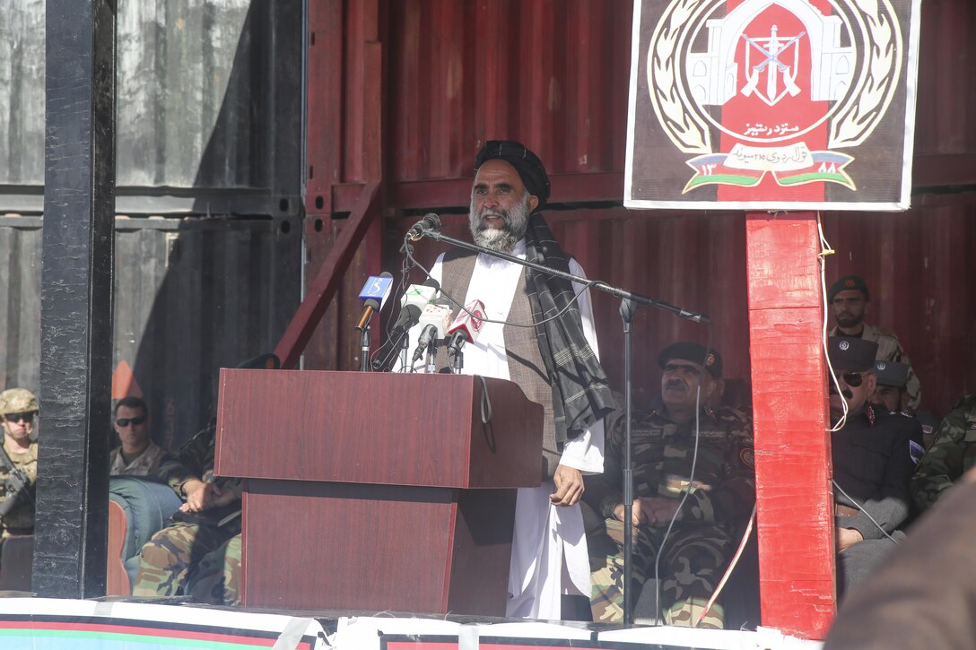 Abdul Qudos Barakzai, a tribal elder from Gereshk, Afghanistan, addresses Afghan National Army soldiers with 6th Kandak, 1st Brigade, 215th Corps during a graduation ceremony at Camp Shorabak, Afghanistan, Dec. 3, 2017. The event concluded the unit’s eight-week operational readiness cycle, which focused on building the soldiers’ infantry capabilities in preparation for future combat operations in Helmand province. During his speech, Barakzai thanked the soldiers and senior Afghan National Defense and Security Force leaders for promoting security and stability in the region. (U.S. Marine Corps photo by Sgt. Lucas Hopkins)