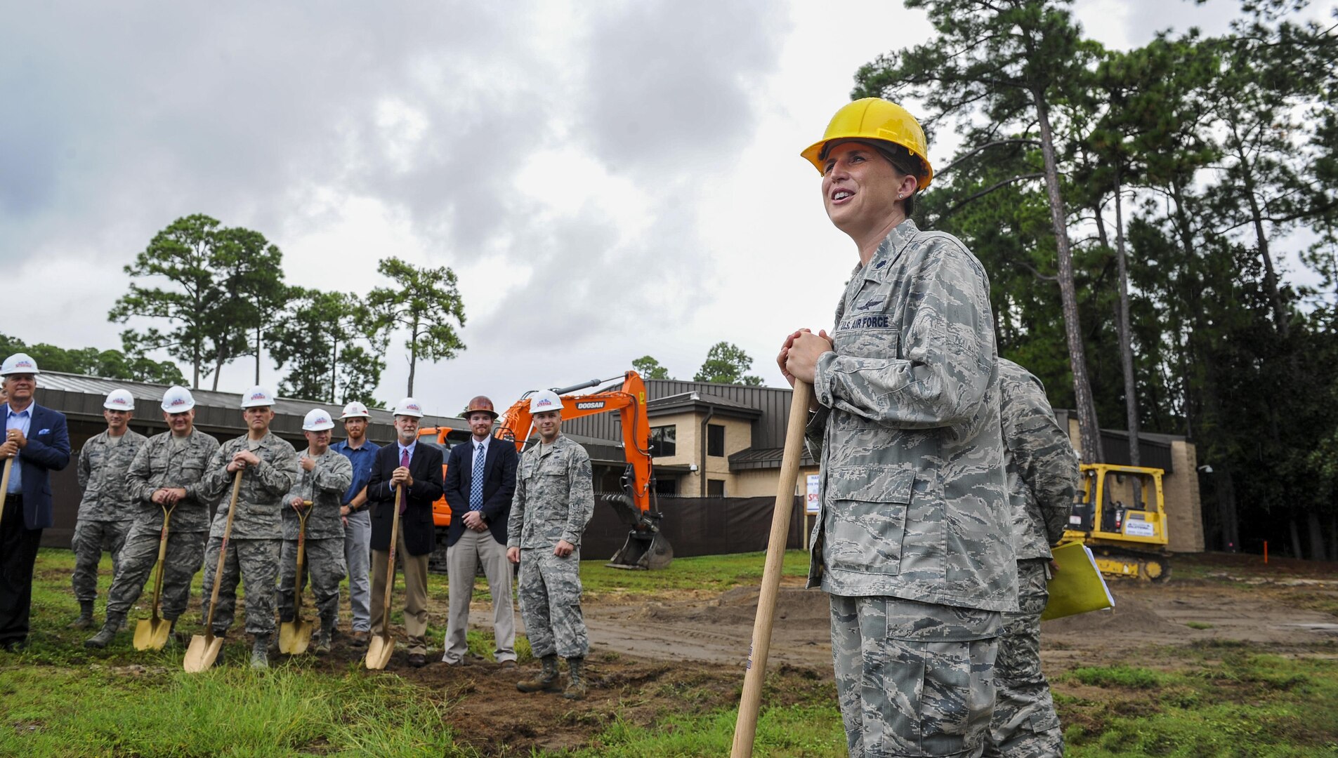 Lt. Col. Angela Waters, 39th Information Operations Squadron commander, addresses the assembled crowd during the Cyber Training Campus groundbreaking ceremony at Hurlburt Field, Fla., Aug. 10, 2017. Once completed in fiscal year 2018, the CTC will double the 39th IOS’ current capacity to produce operators for U.S. Cyber Command’s cyber mission force and Air Force cyber weapons systems
