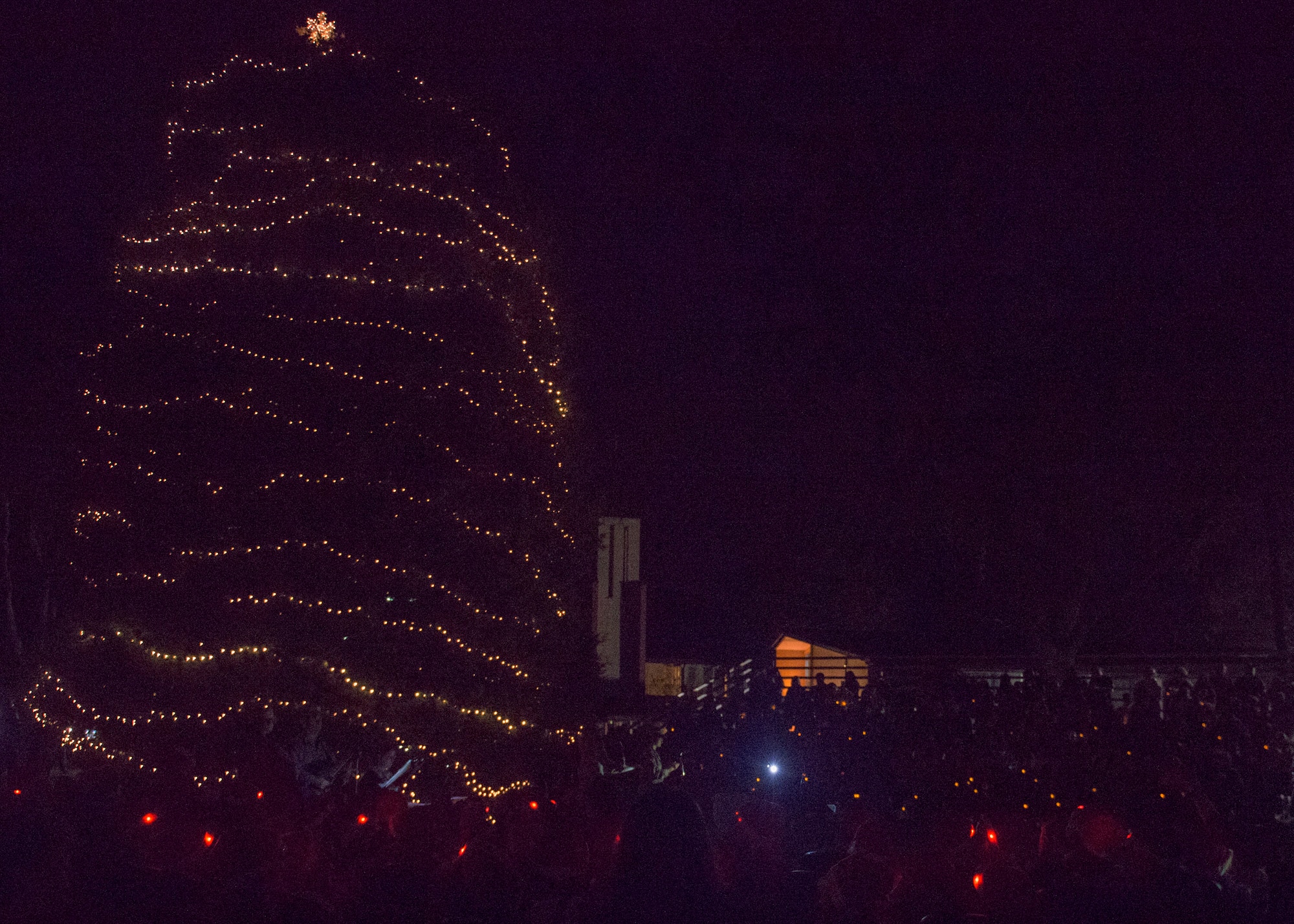 Eglin families line the bleachers around the base Christmas tree for the annual lighting ceremony Nov. 30 at Eglin Air Force Base, Fla.