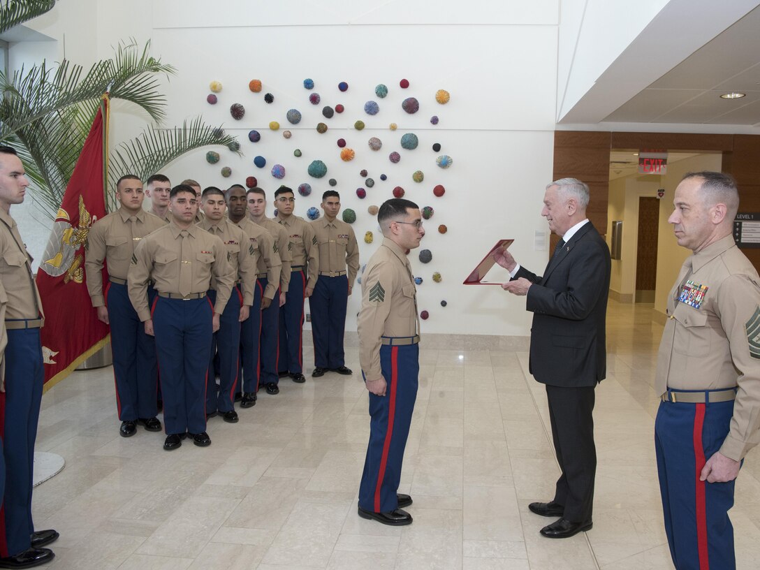 Defense Secretary James N. Mattis promotes a Marine to the rank of Staff Sergeant.