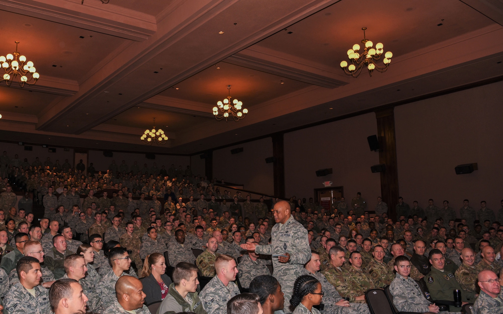 Maj. Gen. Anthony Cotton, 20th Air Force commander, speaks to Airmen during the commander’s all-call for the 90th Missile Wing at F.E. Warren Air Force Base, Wyo., Nov. 29, 2017. Cotton will take the importance of the nuclear enterprise with him to his next assignment and do his part to educate others on that importance. (U.S. Air Force photo by Airman 1st Class Braydon Williams)