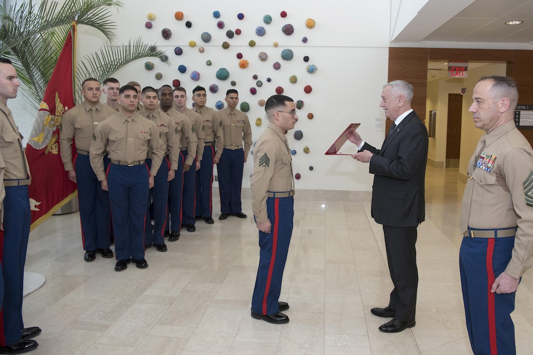 Defense Secretary James N. Mattis and a Marine face each other as other Marines stand by in formation.