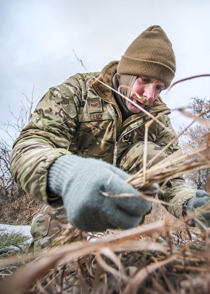 Staff Sgt. Andrew Lenz, 791st Missile Security Forces Squadron defender, attaches grass to his equipment during joint-unit training at Minot Air Force Base, N.D., Nov. 22, 2017. During training, Lenz worked with his team member to gather intelligence and avoid being detected by military working dog teams. (U.S. Air Force photo by Senior Airman J.T. Armstrong)