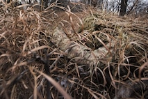 A 791st Missile Security Forces Squadron marksman looks through his rifle scope during joint-unit training at Minot Air Force Base, N.D., Nov. 22, 2017. During training, marksmen teams observed a 5th Security Forces Squadron military working dog team while gathering intelligence and avoiding detection. (U.S. Air Force photo by Senior Airman J.T. Armstrong)