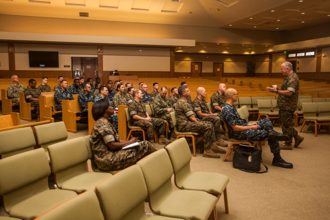 U.S. Navy Rear Adm. Brent Scott, the Chaplain of the Marine Corps and Deputy Chief of Navy Chaplains, gives a speech to Navy chaplains and religious program specialists during a visit to Marine Corps Base Hawaii (MCBH), Nov. 30, 2017. The Chaplain visited MCBH to oversee the religious ministry of the base, and interact with the personnel that worked there. (U.S. Marine Corps photo by Lance Cpl. Isabelo Tabanguil)