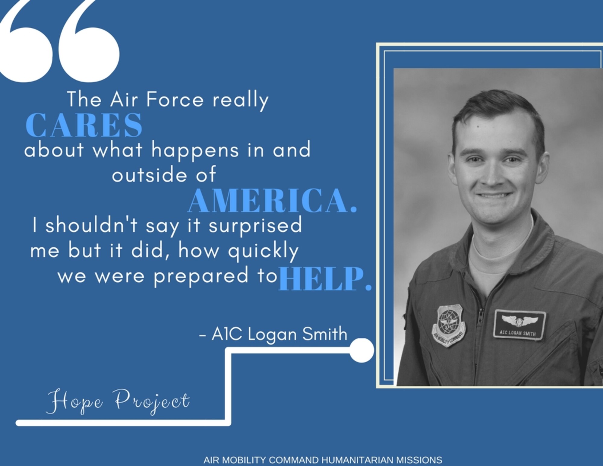 Airman 1st Class Logan Smith, a C-17 loadmaster, was on a Bravo alert schedule in September at Dover Air Force Base, 
when he received a call to support what would be his first  humanitarian mission in his career. Smith is a native of Chattanooga, Tennessee. (Graphic by Staff Sgt. Stephenie Wade)