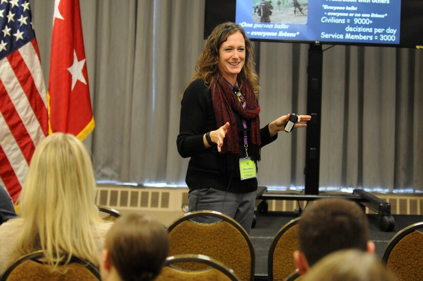 Sergeant 1st Class Jolaina Falkenstein, from the 88th Readiness Division, presents a class about homecoming and reintegration to more than 300 Soldiers and family members during the Yellow Ribbon event in Minneapolis December 2.