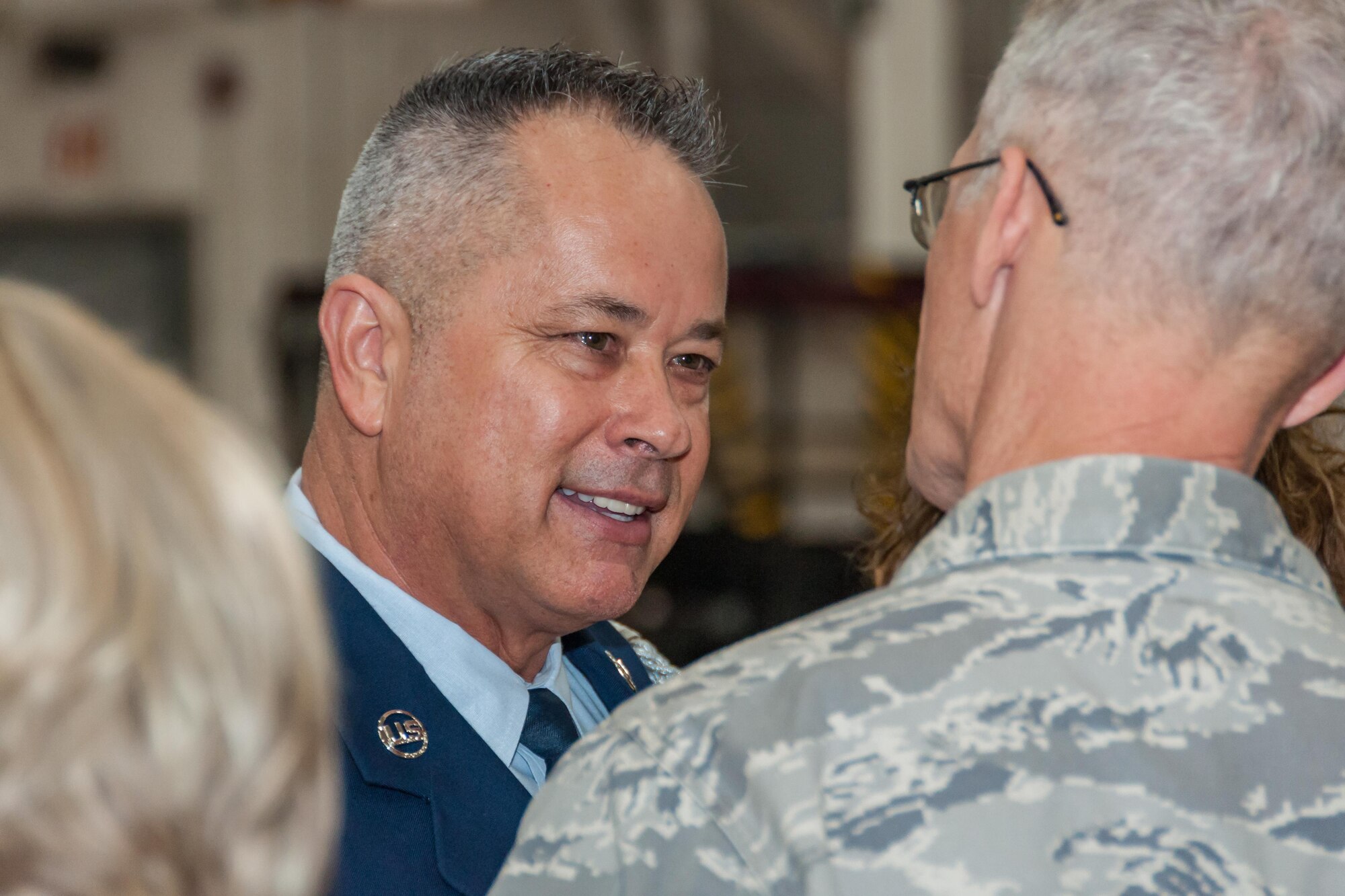 Lt. Col. Dwayne Slack, 307th Maintenance Group commander, gives his farewell to Tech. Sgt. Christopher Marien, 307th Maintenance Squadron Aerospace Ground Equipment mechanic, after Marien’s retirement ceremony on Barksdale Air Force Base, La., Dec. 2, 2017.