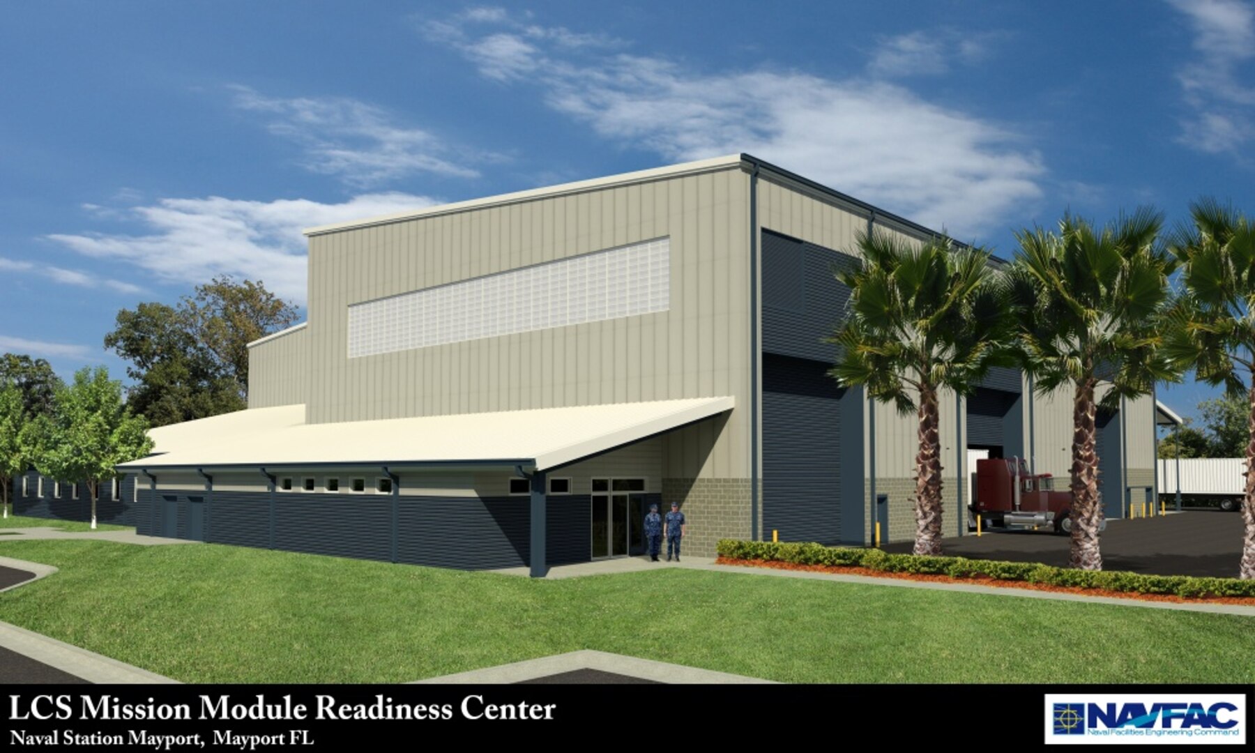 Pictured is an artist rendering of the Littoral Combat Ship Mission Module Readiness Center currently under construction in Mayport, Fla.