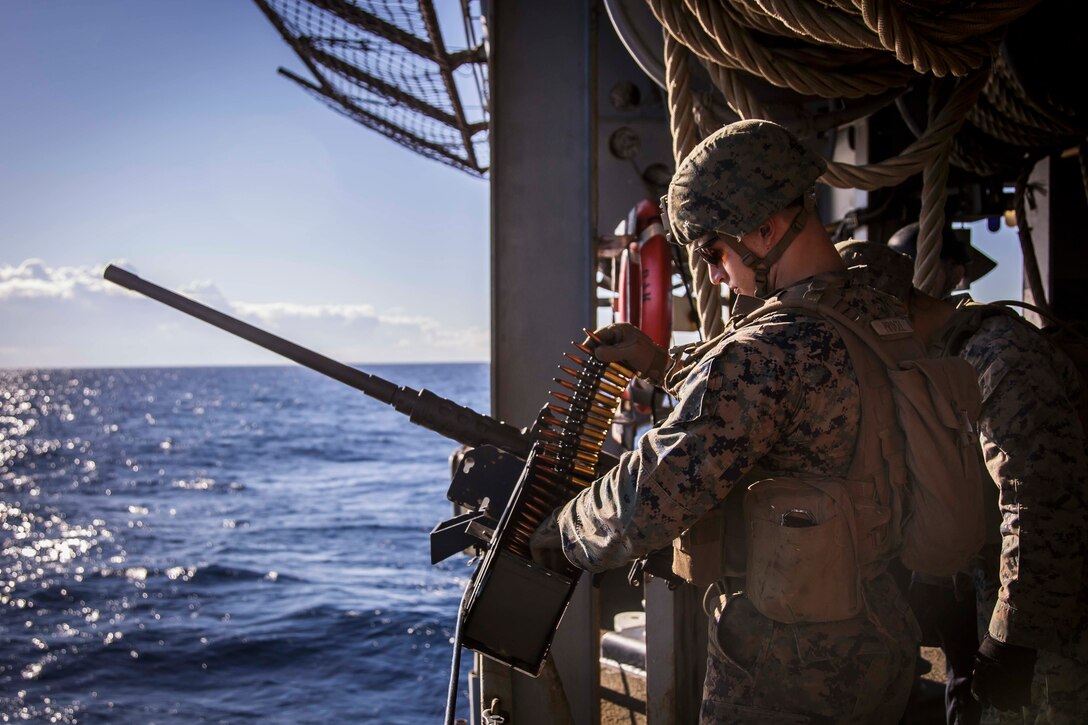 U.S. Marines with Fox Company, Battalion Landing Team, 2nd Battalion, 6th Marine Regiment, 26th marine Expeditionary Unit (MEU), and Sailors assigned to the dock landing ship USS Oak Hill (LSD 51) participate in a live-fire drill in the Atlantic Ocean Nov. 30, 2017, as part of Combined Composite Training Unit Exercise (COMPTUEX). Combined COMPTUEX allows all elements of the Marine Air Ground Task Force to join and train in realistic scenarios so the MEU as a whole can meet its Predeployment Training Program objectives prior to an upcoming deployment at sea. (U.S. Marine Corps photo by Staff Sgt. Dengrier M. Baez)