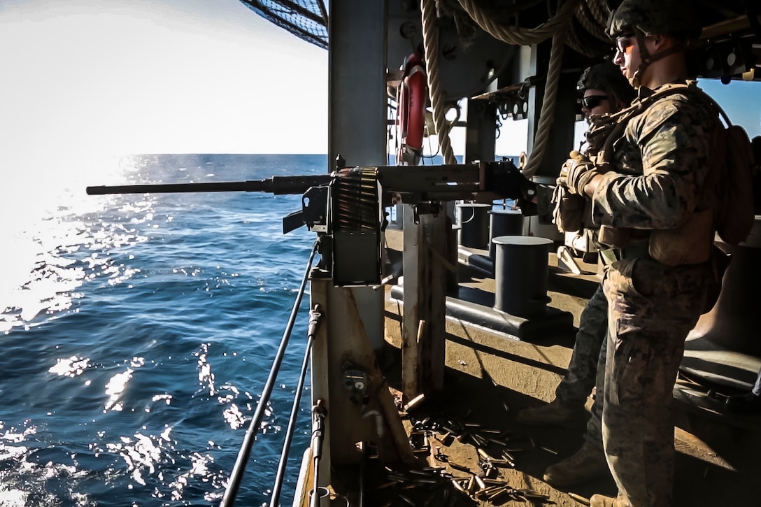 U.S. Marines with Fox Company, Battalion Landing Team, 2nd Battalion, 6th Marine Regiment, 26th marine Expeditionary Unit (MEU), and Sailors assigned to the dock landing ship USS Oak Hill (LSD 51) participate in a live-fire drill in the Atlantic Ocean Nov. 30, 2017, as part of Combined Composite Training Unit Exercise (COMPTUEX). Combined COMPTUEX allows all elements of the Marine Air Ground Task Force to join and train in realistic scenarios so the MEU as a whole can meet its Predeployment Training Program objectives prior to an upcoming deployment at sea. (U.S. Marine Corps photo by Staff Sgt. Dengrier M. Baez)