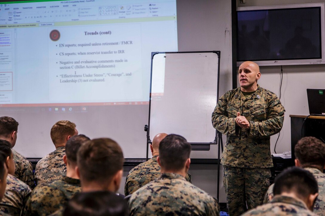 U.S. Marine Corps 1st Sgt. Christian Appleman, company first sergeant of Fox Company, Battalion Landing Team, 2nd Battalion, 6th Marine Regiment, 26th Marine Expeditionary Unit (MEU), and senior enlisted advisor of troops aboard the dock landing ship USS Oak Hill (LSD 51), leads a career-oriented professional military education class during Combined Composite Training Unit Exercise (COMPTUEX) in the Atlantic Ocean, Nov. 30, 2017. Combined COMPTUEX allows all elements of the Marine Air Ground Task Force to join and train in realistic scenarios so the MEU as a whole can meet its Predeployment Training Program objectives prior to an upcoming deployment at sea. (U.S. Marine Corps photo by Staff Sgt. Dengrier M. Baez)