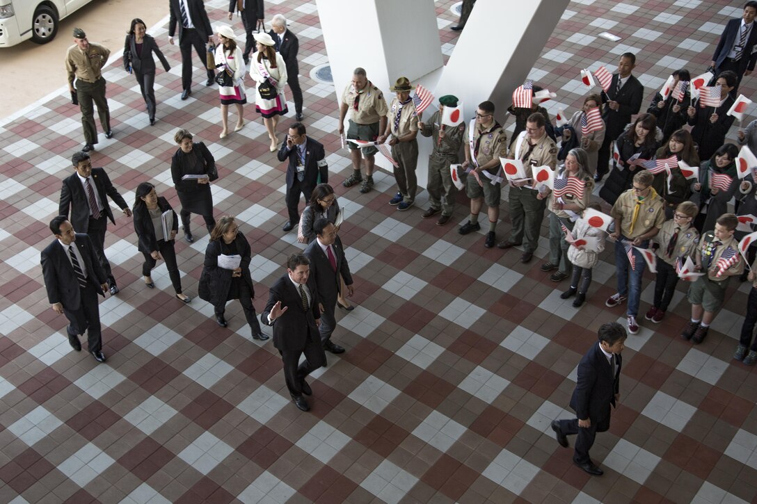 Ambassador William Hagerty, U.S. ambassador to Japan, waves to local Japanese and American visitors at Iwakuni City, Japan, Nov. 30, 2017. Ambassador Hagerty toured  Kizuna Stadium during his first official Marine Corps Air Station Iwakuni visit since arriving in Japan earlier this year.