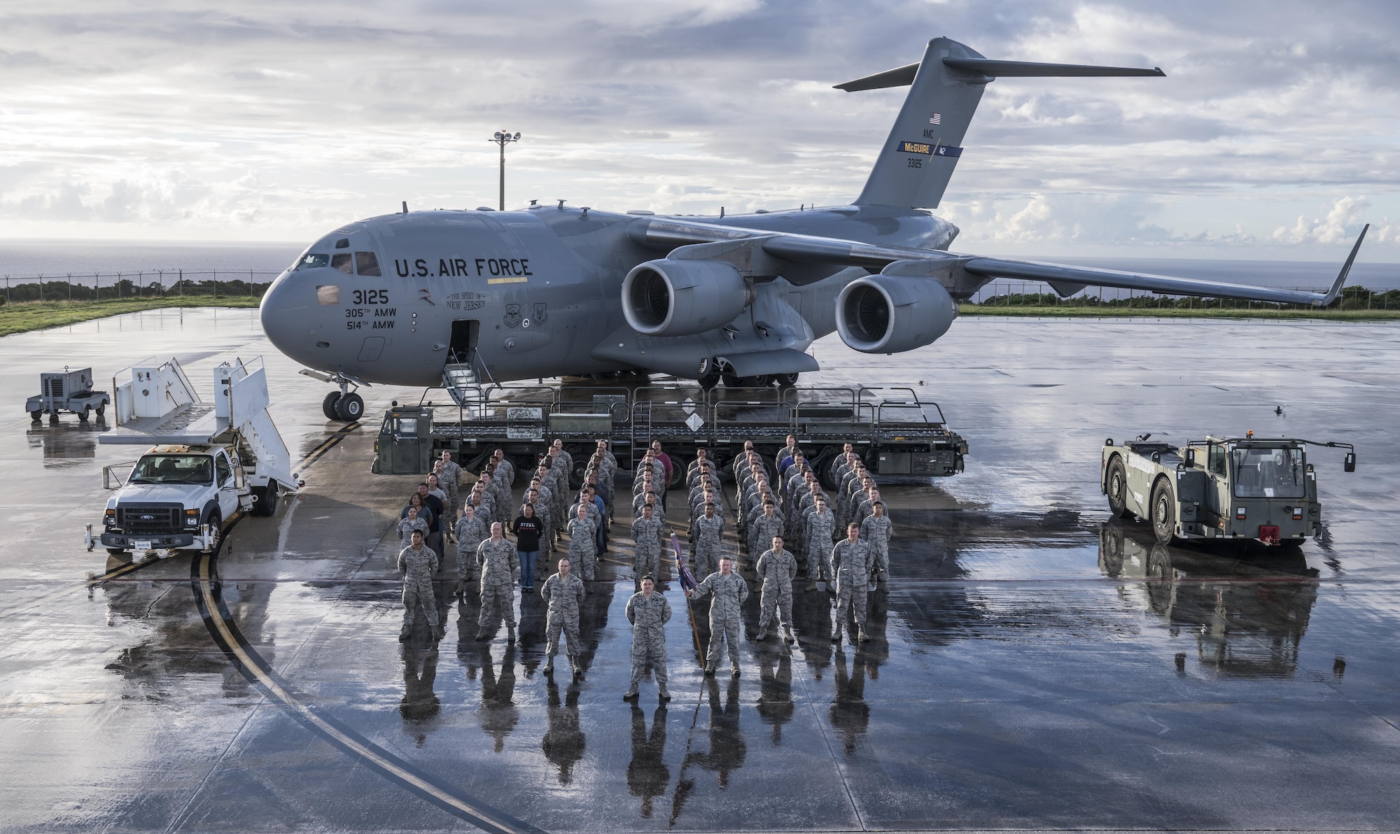 U.S. Air Force Airmen assigned to the 734th Air Mobility Squadron pose for a group photo Nov. 16, 2017 at Andersen Air Force Base, Guam.