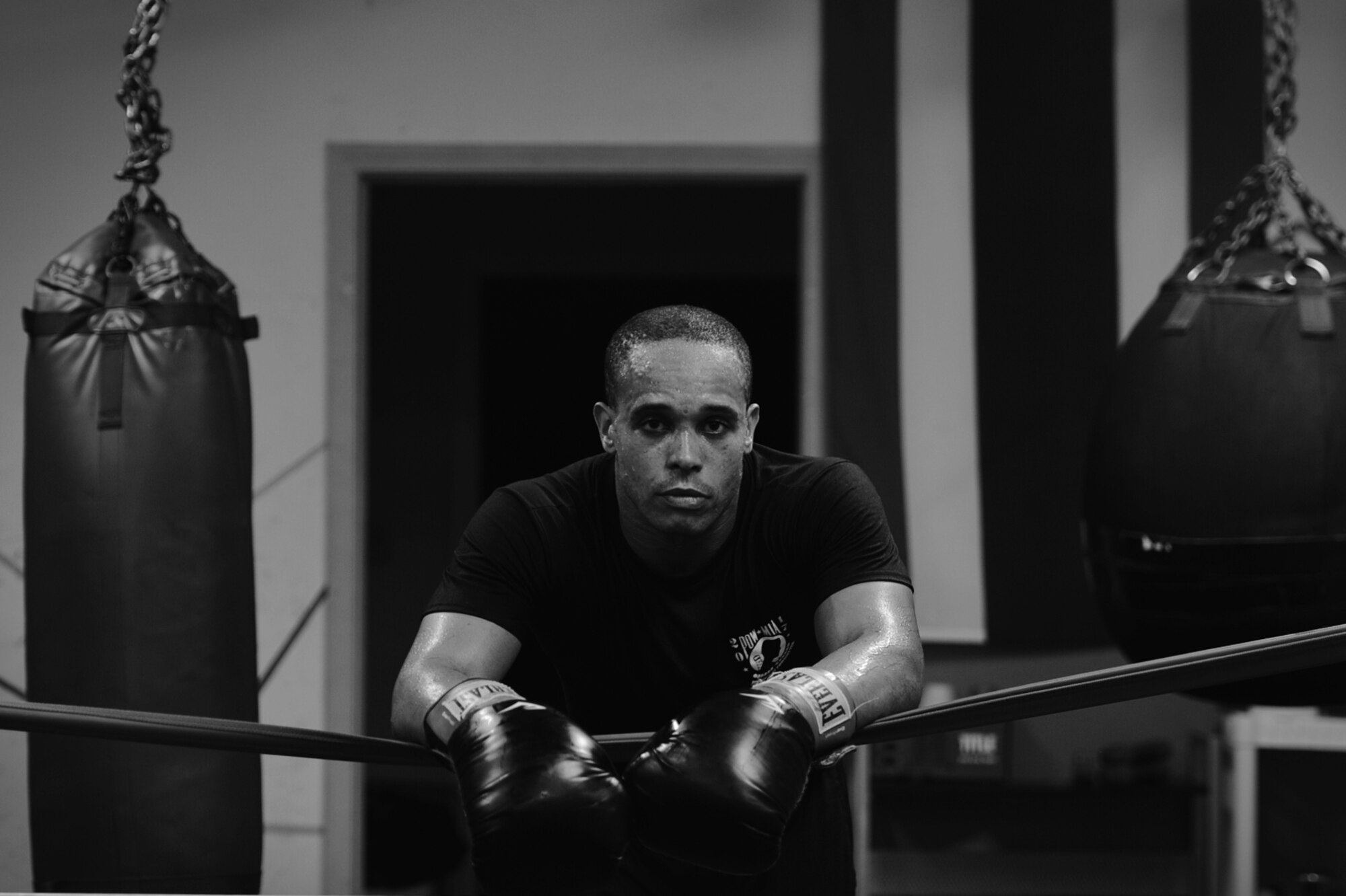 U.S. Air Force Tech. Sgt. Andre Penn, 20th Civil Engineer Squadron unaccompanied housing manager, takes a break following a training session at Team Robinson Mixed Martial Arts in Sumter, South Carolina, Nov. 7, 2017.