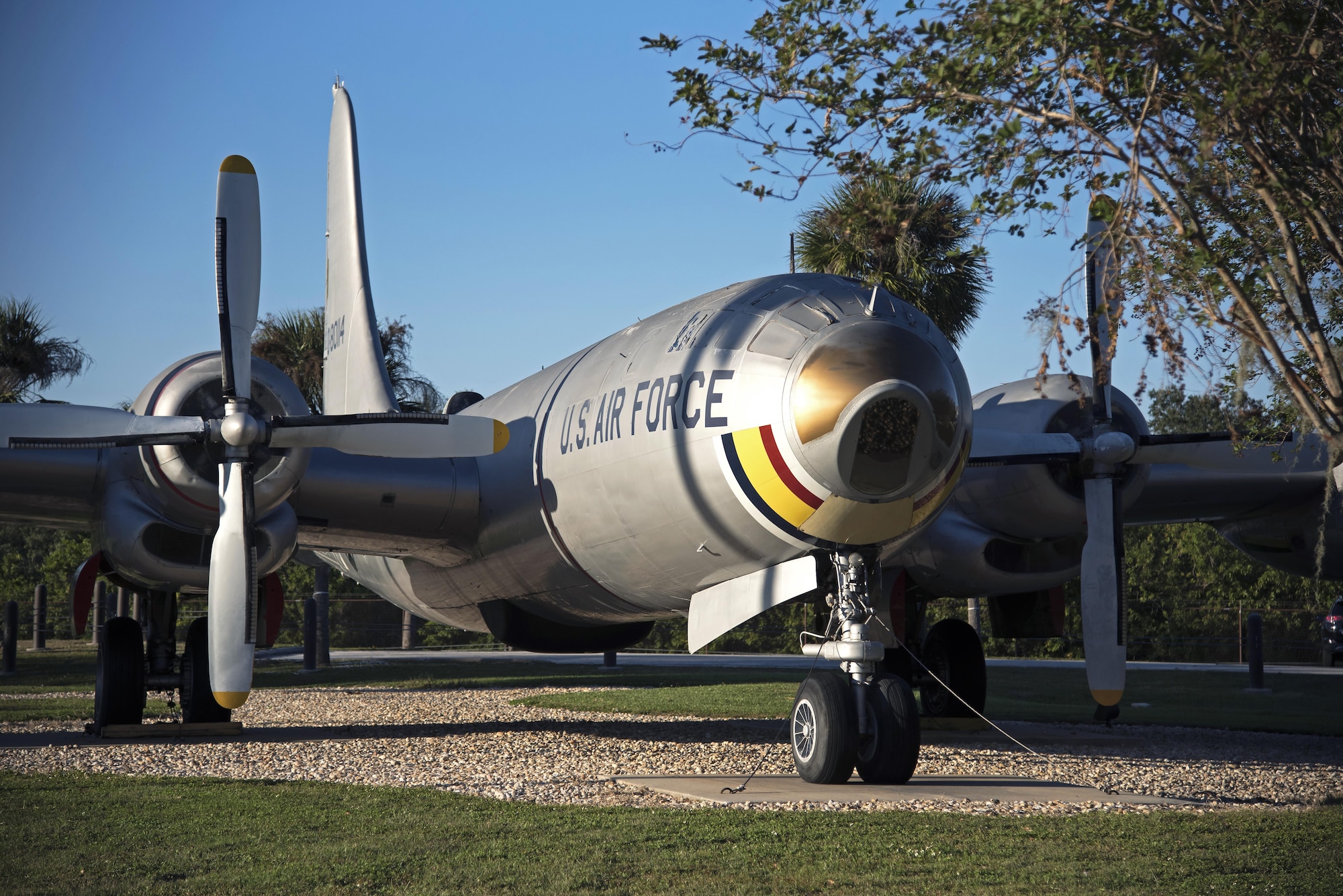 A KB-50J Superfortress aircraft sits at the Memorial Park at MacDill Air Force Base, Fla., Nov. 15, 2017.