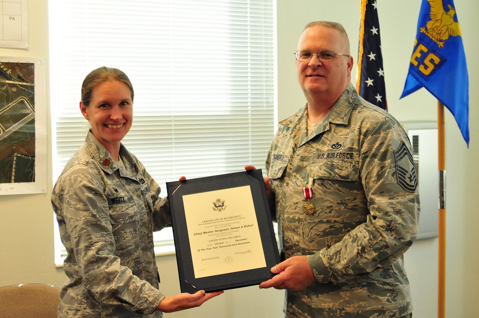 Chief Master Sgt. James Baker, the facility manager with the 178th Wing Civil Engineer Squadron (CES), celebrated his retirement at Springfield Air National Guard Base in Springfield, Ohio, Dec. 2. Baker served for 34 years in the Ohio Air National Guard.