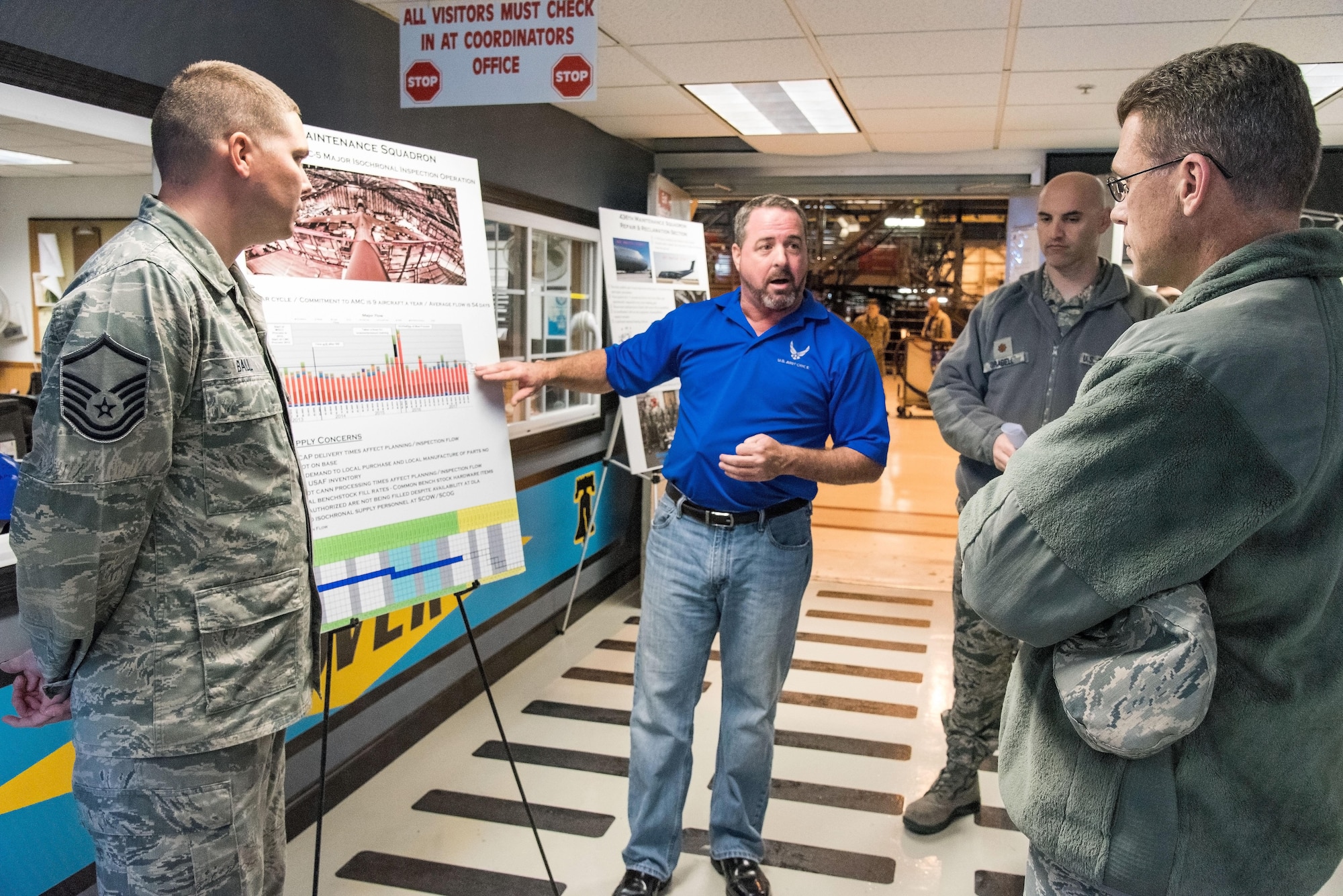 John Greim, 436th Maintenance Squadron Isochronal Inspection Dock controller, explains to Brig. Gen. Steven Bleymaier, Director of Logistics, Engineering and Force Protection, Headquarters Air Mobility Command, Scott Air Force Base, Ill., the isochronal inspection process and timeline of a C-5M Super Galaxy Nov. 30, 2017, on Dover Air Force Base, Del. Bleymaier is responsible to the Commander of Air Mobility Command for leadership, management and integration of total-force logistics, engineering and force protection activities across the global mobility air forces enterprise. (U.S. Air Force photo by Roland Balik)