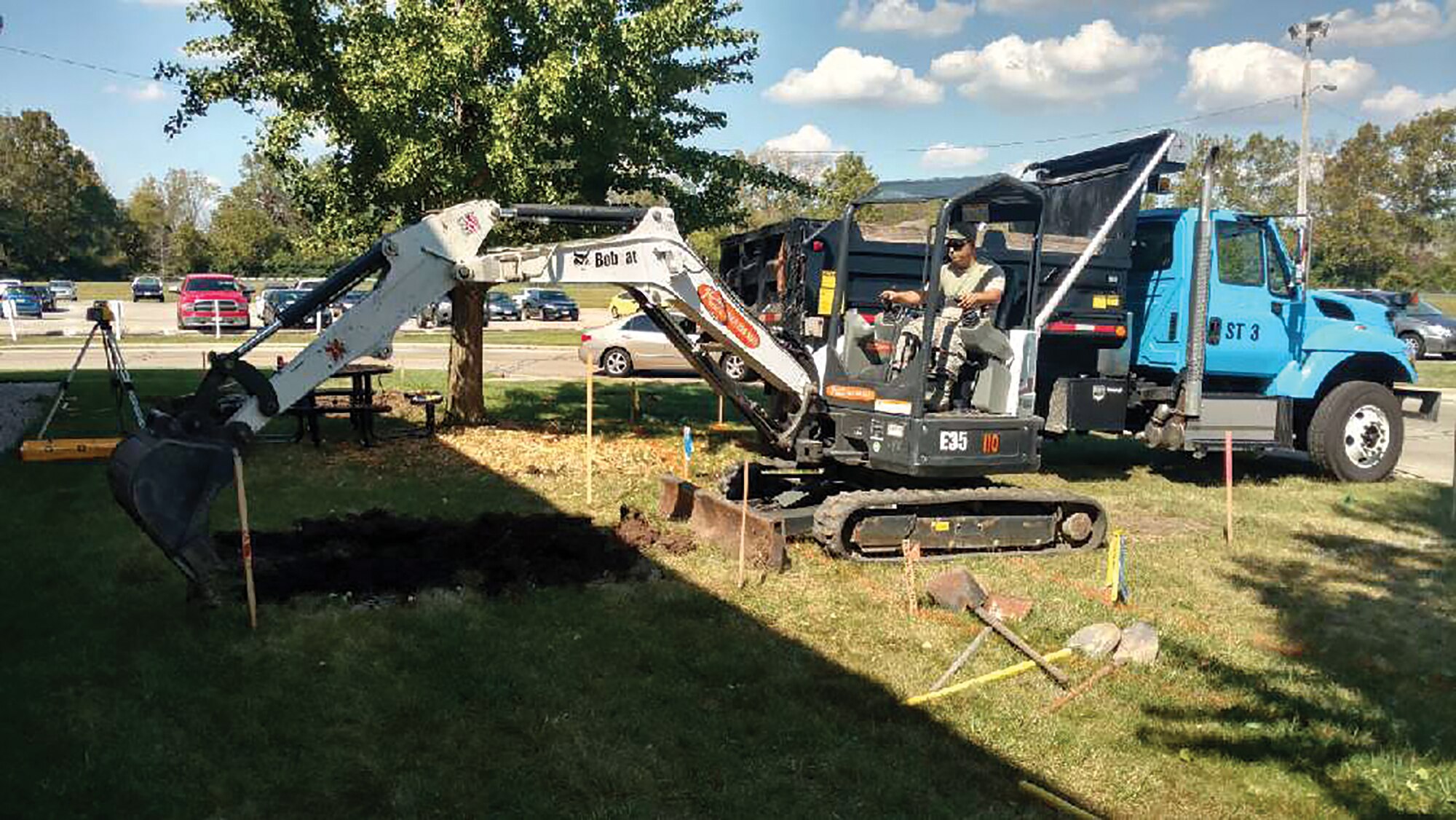 Members of the 445th Civil Engineer Squadron begin construction of Heritage Park outside the 445th Airlift Wing headquarters building. The park, scheduled to be completed by Sept. 30, 2018, will consist of aircraft displays, unit emblems and park benches. (Courtesy photo)