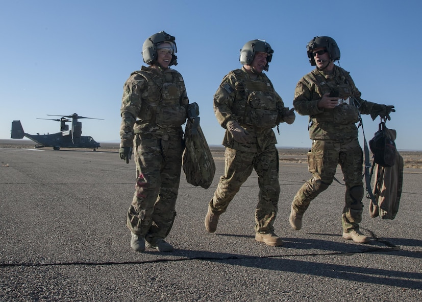 U.S. Air Force Chief Master Sgt. Juliet Gudgel, command chief master sergeant of Air Education and Training Command, is escorted from one training sortie to another at Kirtland Air Force Base, N.M., Nov. 27, 2017. This was Gudgel's first visit to Kirtland as AETC command chief. (U.S. Air Force photo by Staff Sgt. J.D. Strong II)