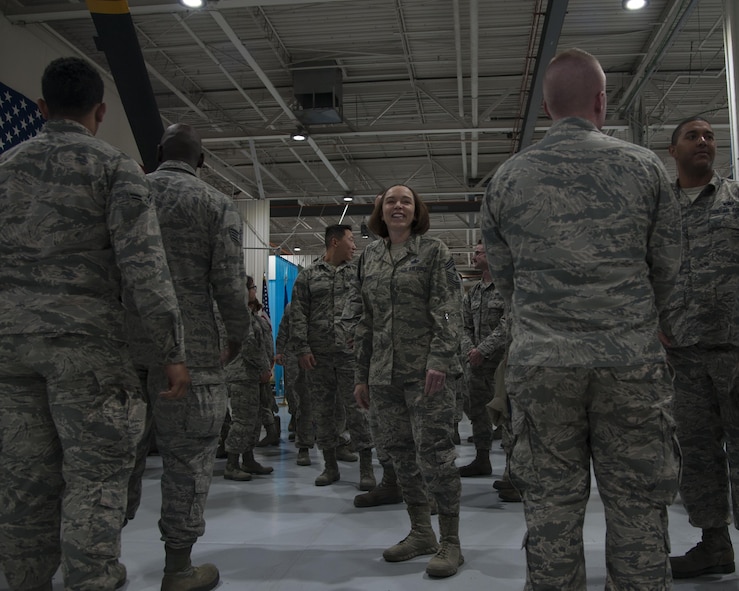 U.S. Air Force Chief Master Sgt. Juliet Gudgel, command chief master sergeant of Air Education and Training Command, laughs while speaking with Airmen from the 58th Special Operations Wing, at Kirtland Air Force Base, N.M., Nov. 27, 2017. Gudgel visited the installation for two days to speak with the Airmen and gain a better understanding of what they do to support the 58th SOW, AETC and Air Force Special Operations Command. (U.S. Air Force photo by Staff Sgt. J.D. Strong II)