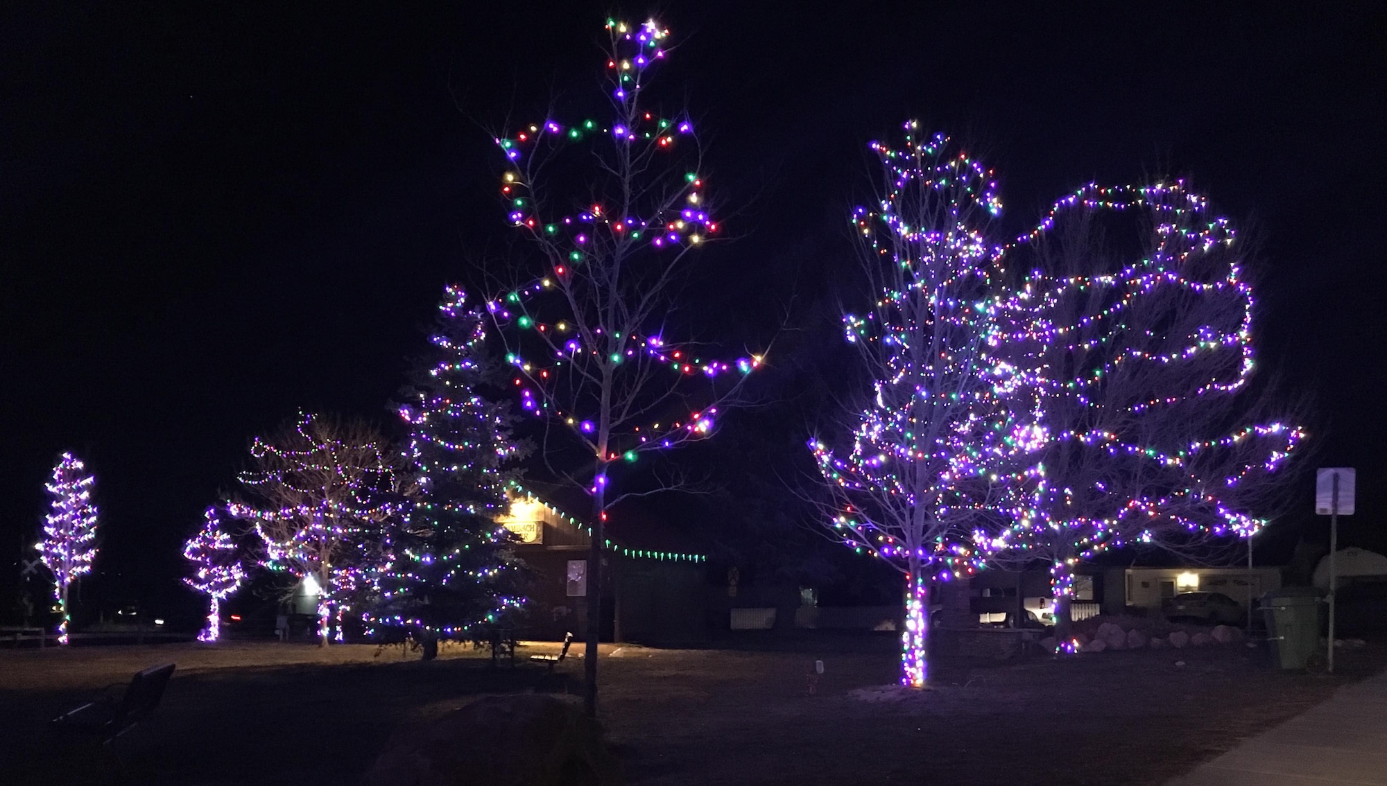 MONUMENT, Colo. – The trees in parks around the Pikes Peak region are lit to foster the holiday spirit Dec. 4, 2017. In Monument, north of Colorado Springs, Limbach Park is home to a bright holiday display. (U.S. Air Force photo by Dave Smith)