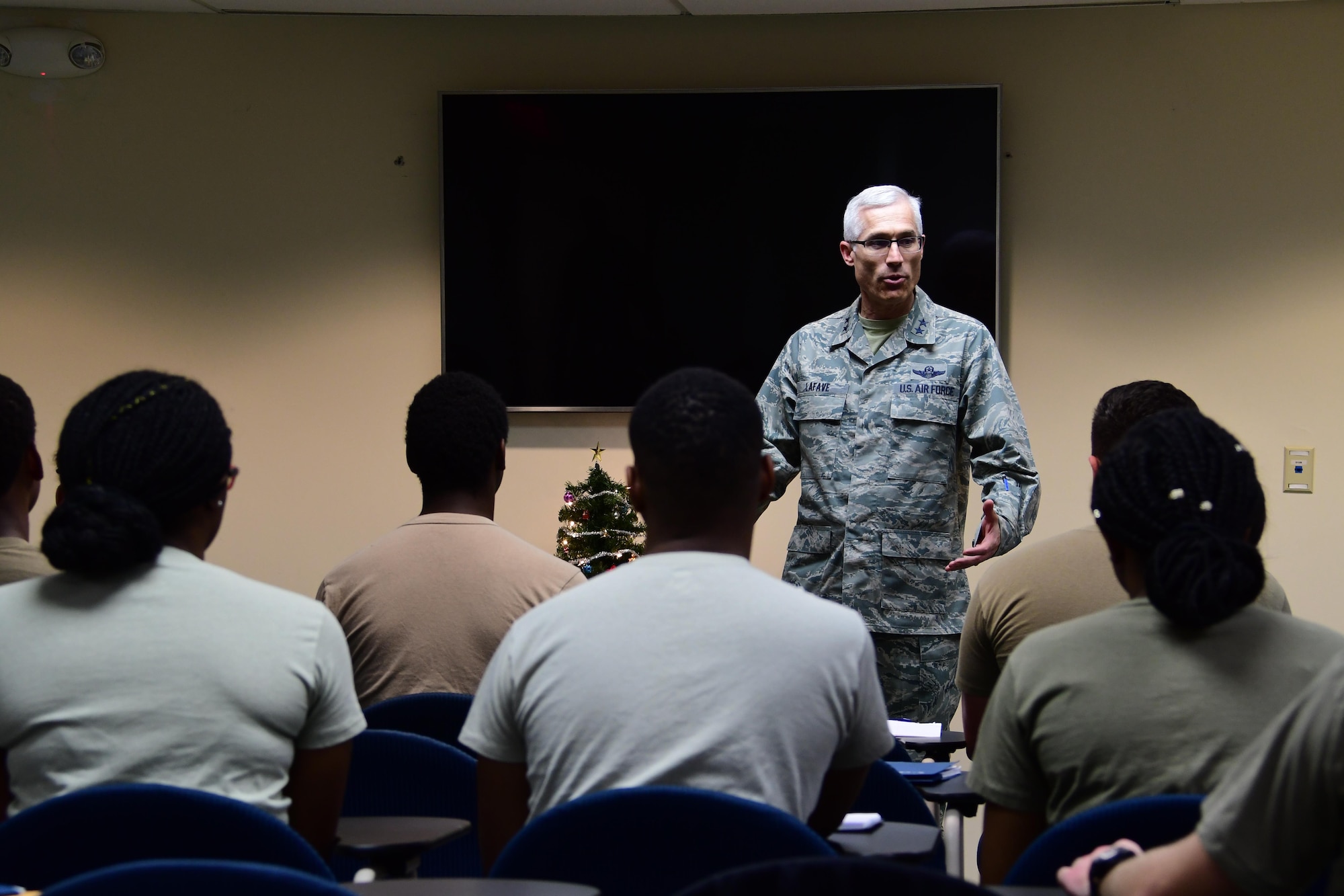 Maj. Gen. Craig La Fave, 22nd Air Force commander, speaks to a group of trainees in the Development and Training Flight at Dobbins Air Reserve Base, Georgia Dec. 2, 2017. He left parting words for the trainees in which he stressed the importance of having a good support network of family and friends during military service. (U.S. Air Force photo by Staff Sgt. Miles Wilson)