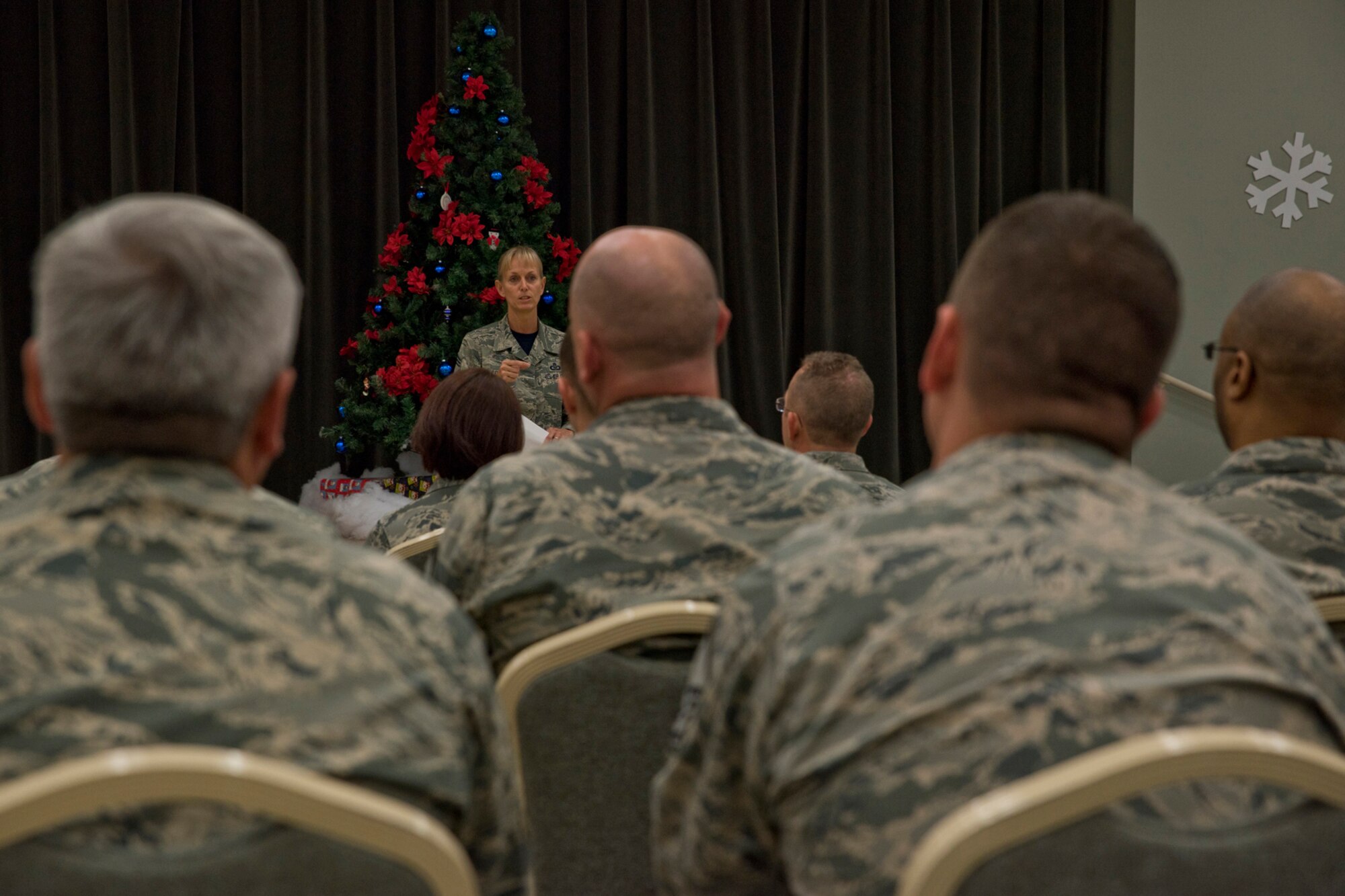 U.S. Air Force Reserve Col. Christopher T. Lay, commander, 913th Airlift Group, speaks to a group of Airmen at an Enlisted All Call during the 913 AG’s Unit Training Assembly weekend Dec. 2, 2017, at Little Rock Air Force Base, Ark.