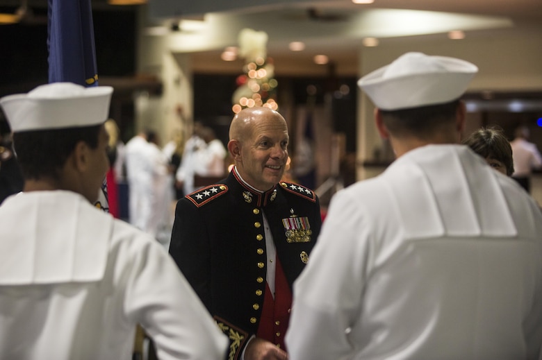 U.S. Marine Corps Lt. Gen. David Berger, commanding general of U.S. Marine Corps Forces, Pacific, meets with members of the U.S. Navy color guard during the Navy Chaplain Corps’ 242nd anniversary celebration, Joint Base Pearl Harbor-Hickam, Dec. 2, 2014. The event featured Rear Adm. Brent Scott, the Chaplain of the Marine Corps, as the guest speaker, and celebrated the Chaplain Corps’ storied history with dinner, music, and traditional Hawaiian dance performances. The celebration also highlighted the important role chaplains play in the emotional and spiritual resiliency of Marines, both forward deployed and in garrison. (U.S. Marine Corps photo by Lance Cpl. Luke Kuennen)