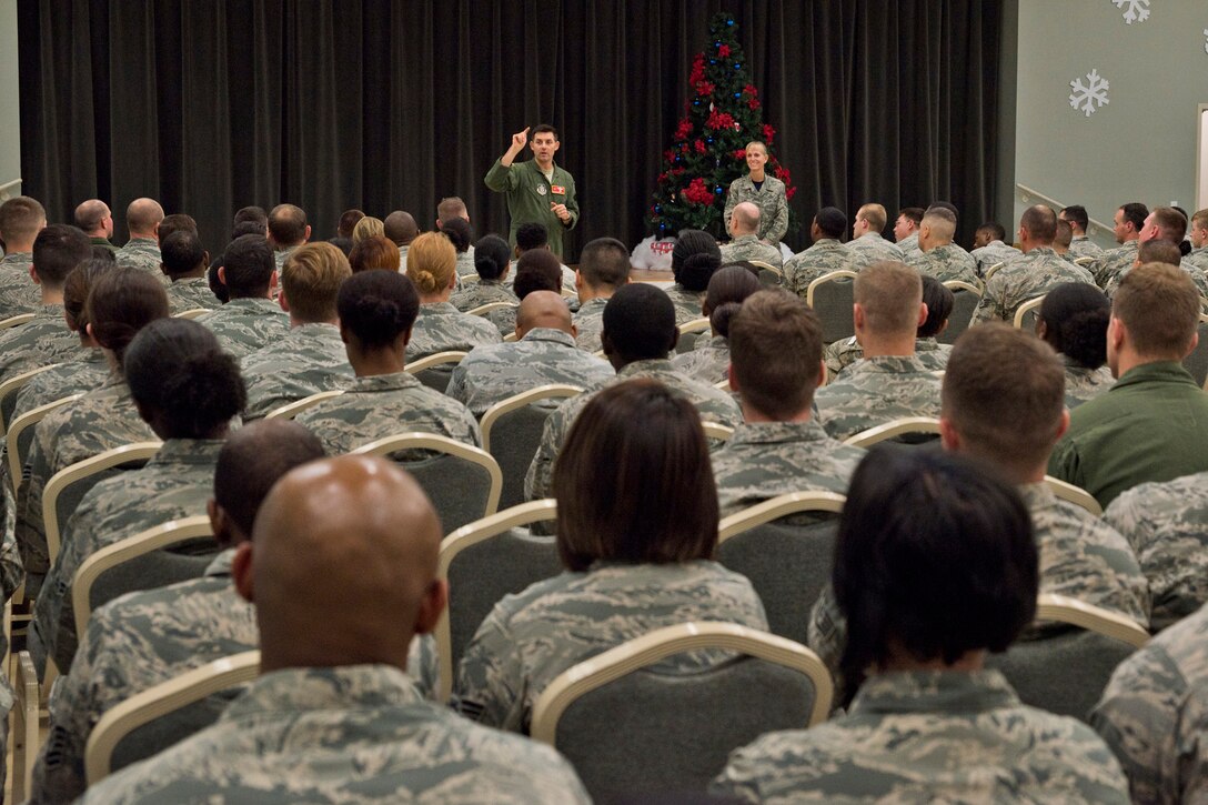 U.S. Air Force Reserve Col. Christopher T. Lay, commander, 913th Airlift Group, speaks to a group of Airmen at an Enlisted All Call during the 913 AG’s Unit Training Assembly weekend Dec. 2, 2017, at Little Rock Air Force Base, Ark.