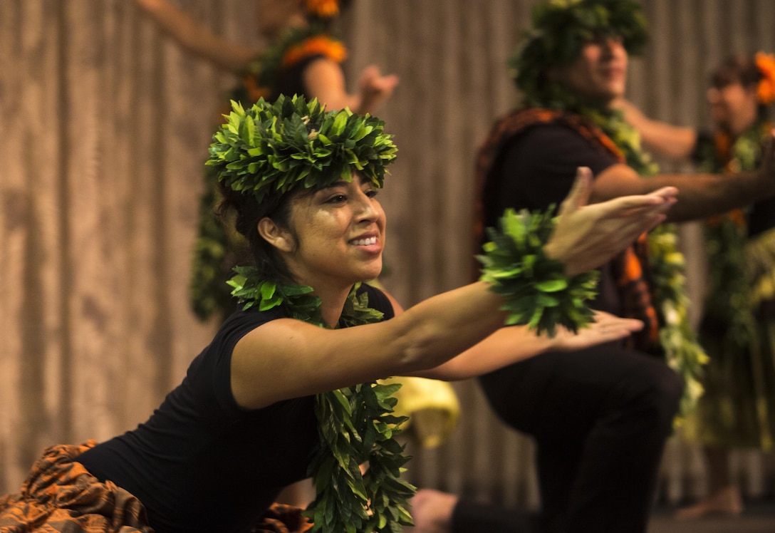 Members of “Dancing for His Glory” group perform a hula dance during the U.S. Navy Chaplain Corps’ 242nd anniversary celebration, Joint Base Pearl Harbor-Hickam, Dec. 2, 2014. The event featured Rear Adm. Brent Scott, the Chaplain of the Marine Corps, as the guest speaker, and celebrated the Chaplain Corps’ storied history with dinner, music, and traditional Hawaiian dance performances. The celebration also highlighted the important role chaplains play in the emotional and spiritual resiliency of Marines, both forward deployed and in garrison. (U.S. Marine Corps photo by Lance Cpl. Luke Kuennen)