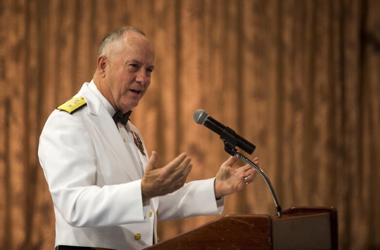 Rear Adm. Brent Scott, the Chaplain of the Marine Corps, speaks during the U.S. Navy Chaplain Corps’ 242nd anniversary celebration, Joint Base Pearl Harbor-Hickam, Dec. 2, 2014. The event featured Scott as the guest speaker, and celebrated the Chaplain Corps’ storied history with dinner, music, and traditional Hawaiian dance performances. The celebration also highlighted the important role chaplains play in the emotional and spiritual resiliency of Marines, both forward deployed and in garrison. (U.S. Marine Corps photo by Lance Cpl. Luke Kuennen)