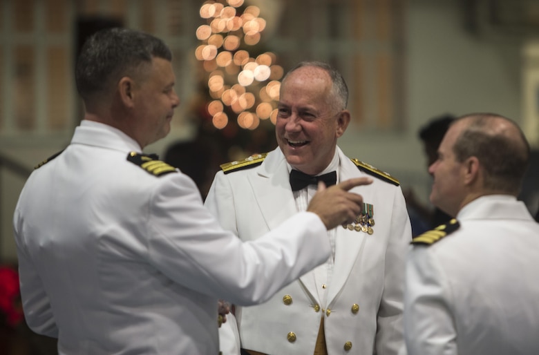 Rear Adm. Brent Scott, the Chaplain of the Marine Corps, meets with other U.S. Navy chaplains during the Chaplain Corps’ 242nd anniversary celebration, Joint Base Pearl Harbor-Hickam, Dec. 2, 2014. The event featured Scott as the guest speaker, and celebrated the Chaplain Corps’ storied history with dinner, music, and traditional Hawaiian dance performances. The celebration also highlighted the important role chaplains play in the emotional and spiritual resiliency of Marines, both forward deployed and in garrison. (U.S. Marine Corps photo by Lance Cpl. Luke Kuennen)