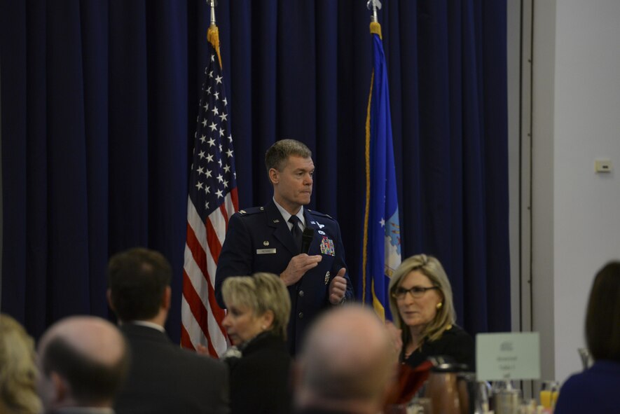 Col. Craig Peters, 512th Airlift Wing commander, speaks during the annual State of the Base Breakfast Nov. 20, 2017, at Dover Air Force Base, Del. Several speakers informed key community members about influential moments of the past year and Dover AFB’s economic impact across the Delmarva Peninsula. (U.S. Air Force photo by Staff Sgt. Aaron J. Jenne)